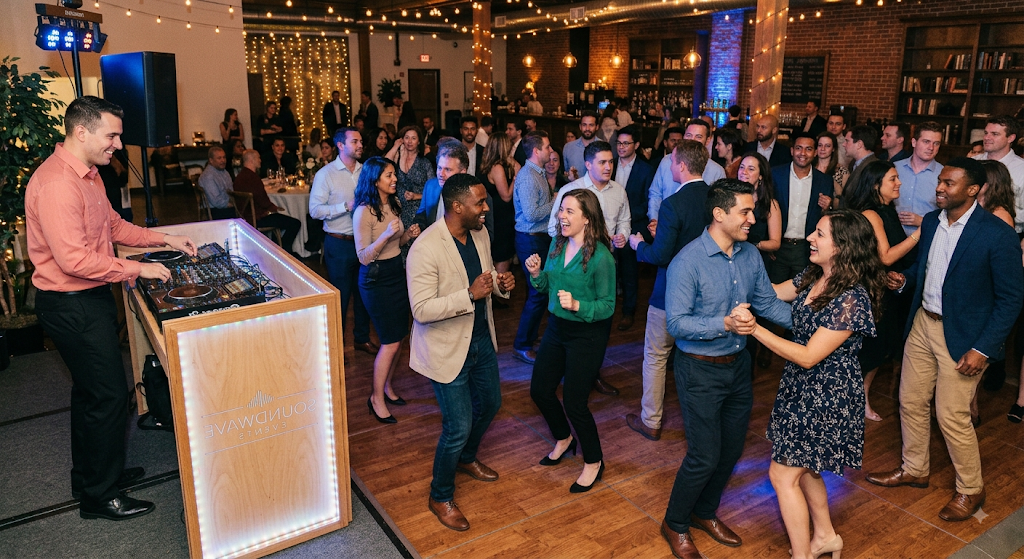 Guests dancing on the floor beside a lit DJ booth at a social party