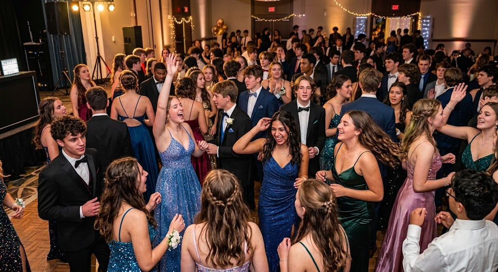 Students in prom gowns and tuxedos packed onto a ballroom dance floor, singing and raising their hands under string lights beside the DJ speakers
