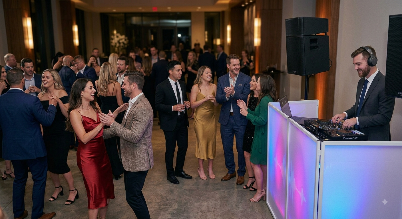 DJ in a suit and headphones mixing behind a glowing white booth while guests in cocktail dress laugh and clap beside him