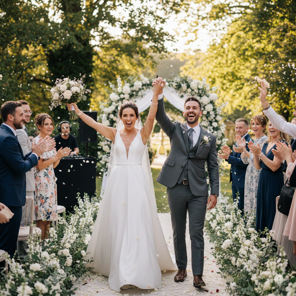 Bride and groom hold their hands up as guests toss petals along a flower-lined garden aisle