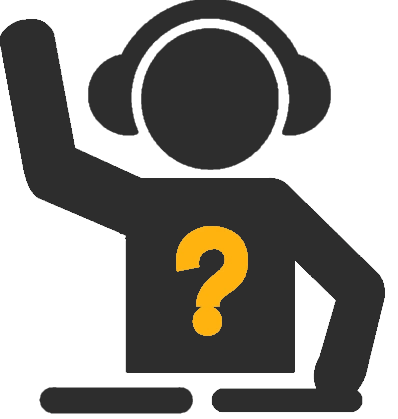 Grey illustration of a DJ wearing headphones with one arm raised and a question mark on their shirt