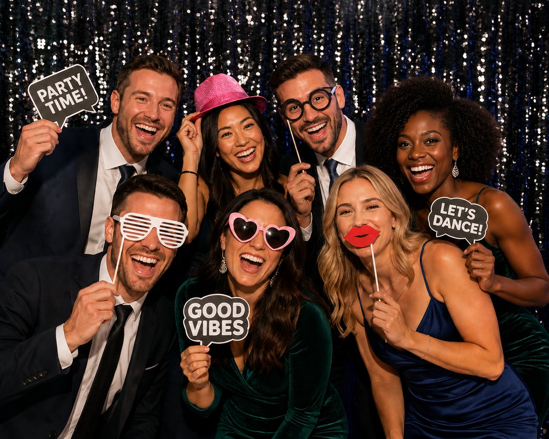 Guests posing with props at the photo booth