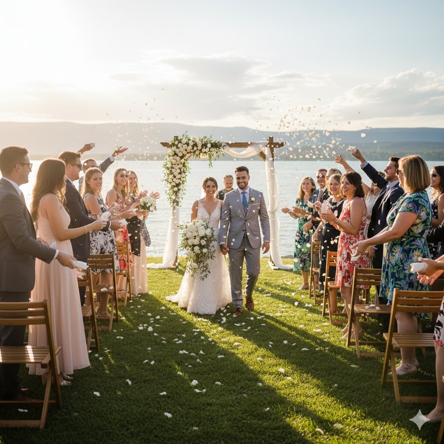 A bride and groom walking back up the aisle through petals at a waterfront ceremony