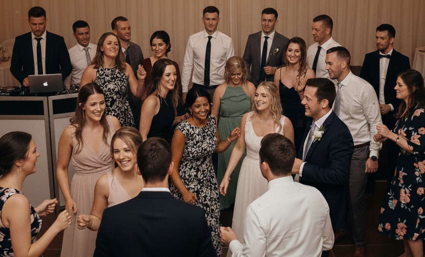 A newlywed couple and their bridal party dancing beside the DJ booth