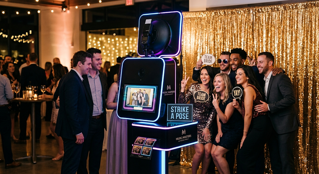 Friends posing with props at the photo booth beside a gold backdrop