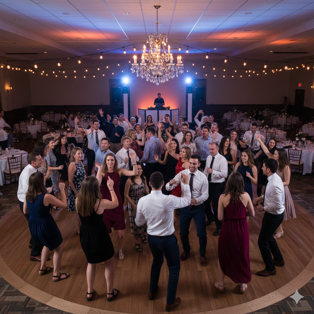 Company holiday party guests dancing in a ballroom