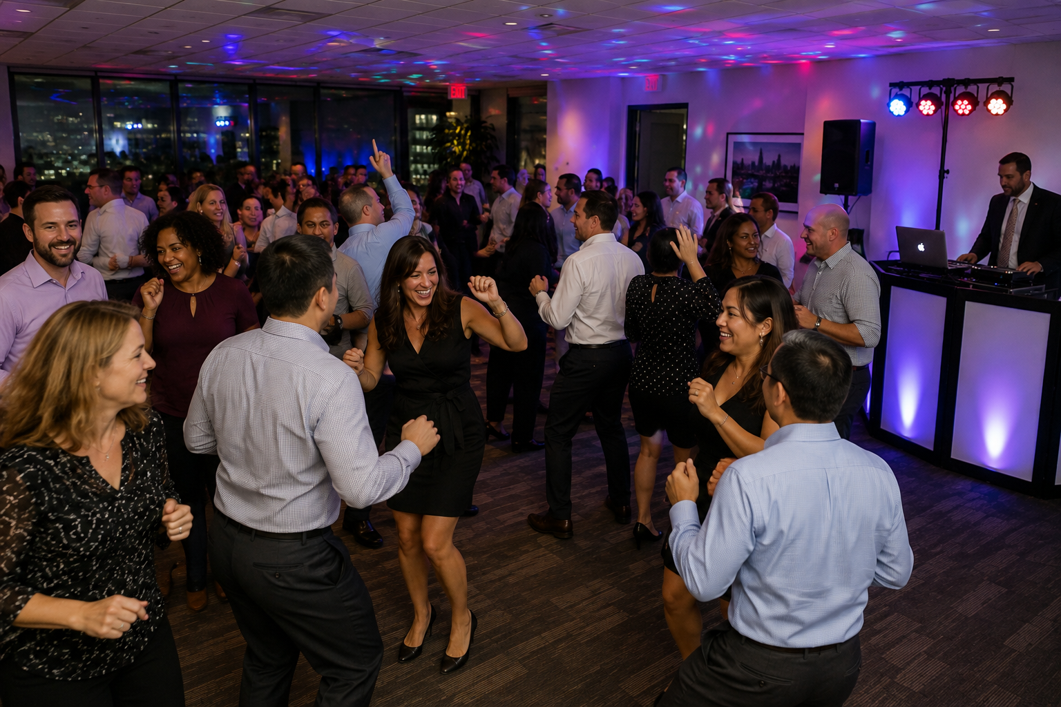 Office party guests dancing to a DJ under colored lights