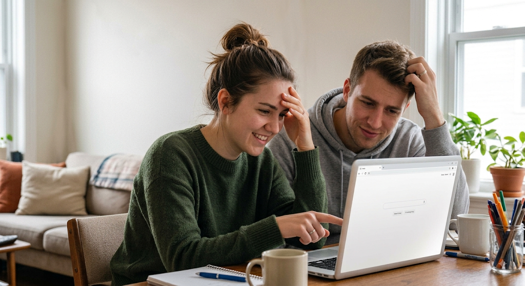 Couple planning their event together at a laptop on the sofa