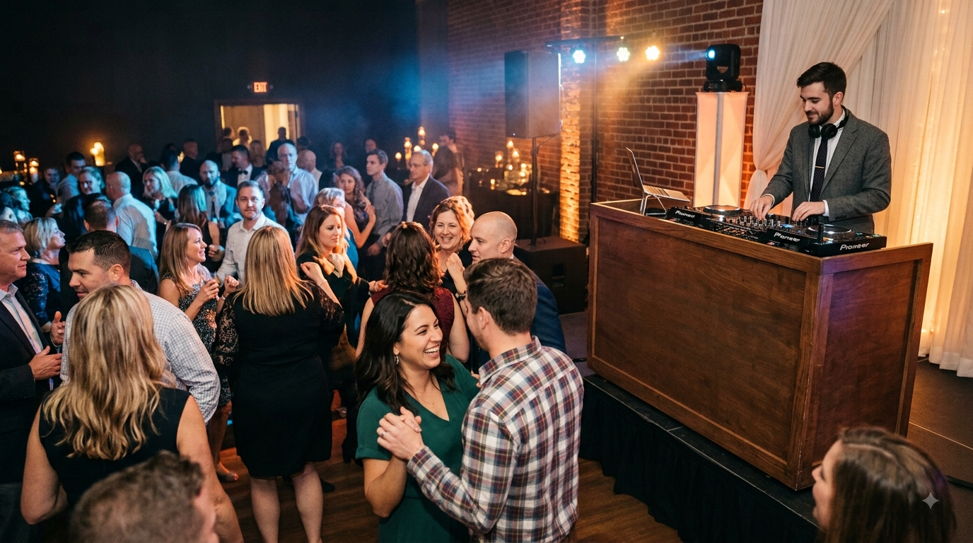 MusicMasters DJ behind a wood facade booth as guests dance