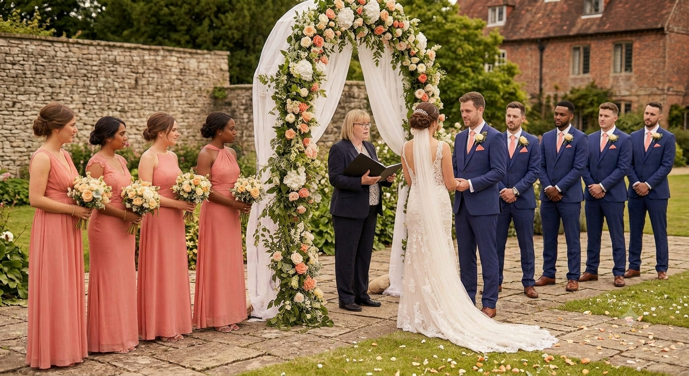 Wedding party standing with the couple at an outdoor ceremony arch