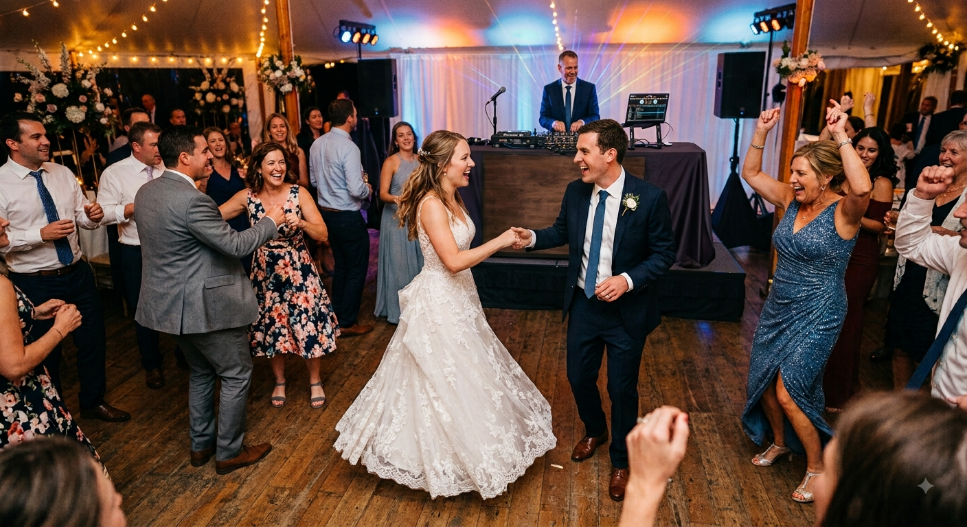 Bride and groom dancing in front of the DJ booth inside a tent as guests circle and cheer