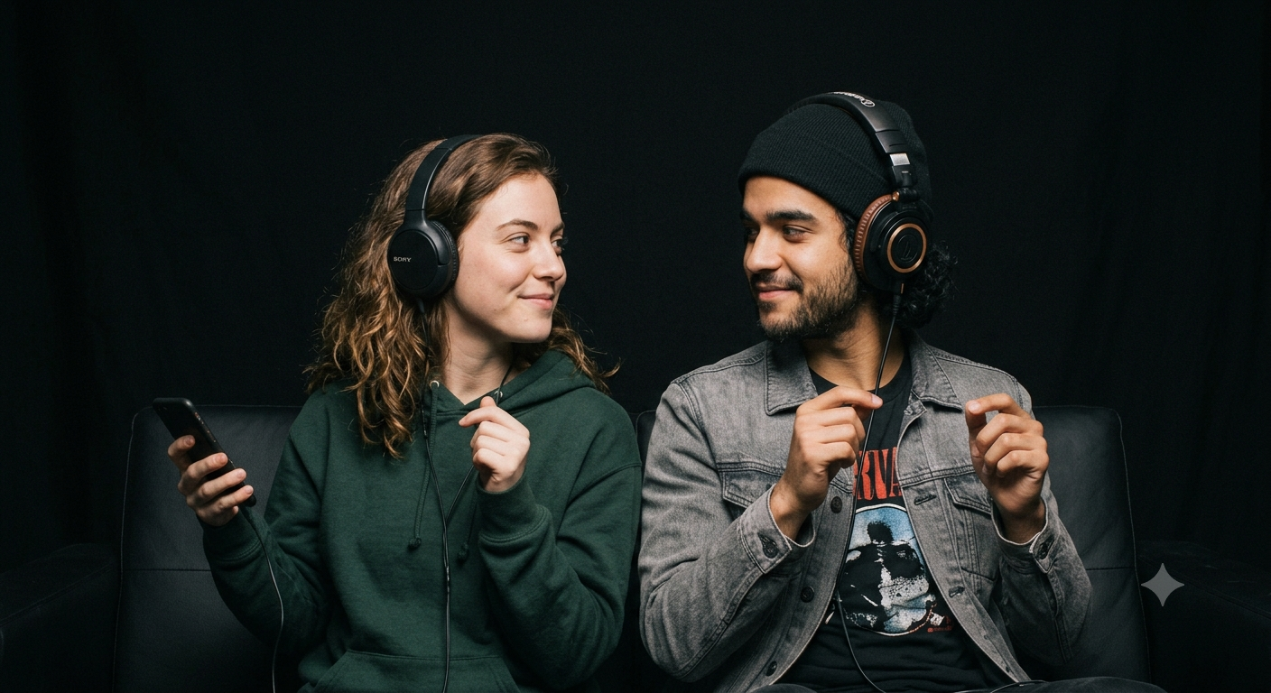A couple wearing headphones