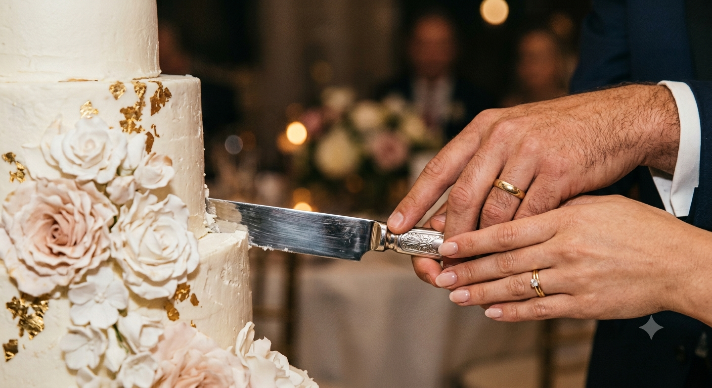 A couple cutting their wedding cake