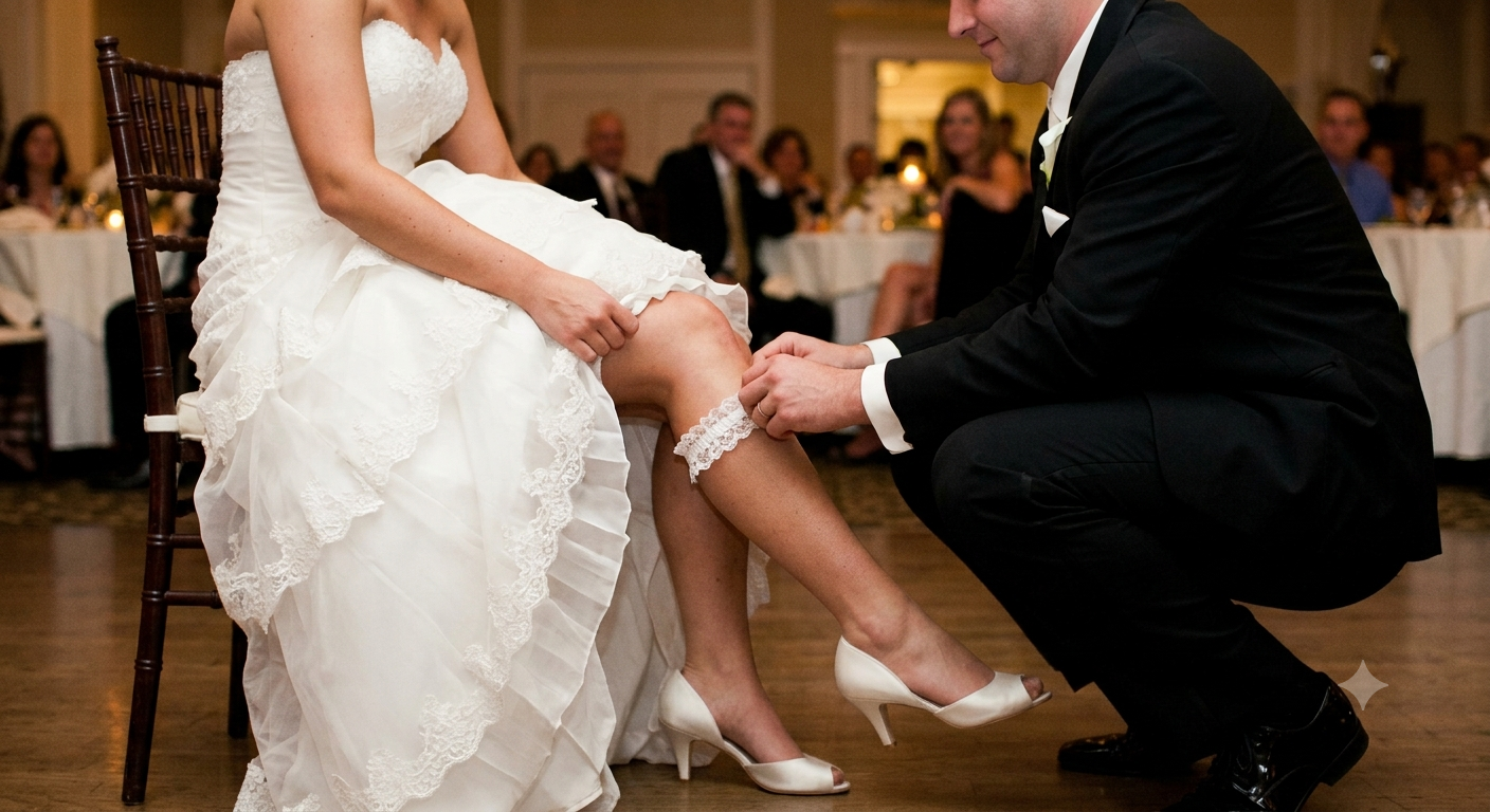 Removing the garter at a wedding reception