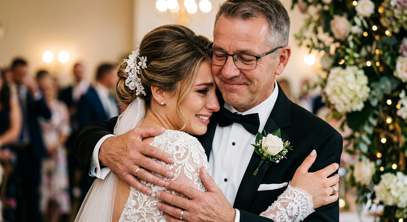 A bride hugging her father during the father and daughter dance