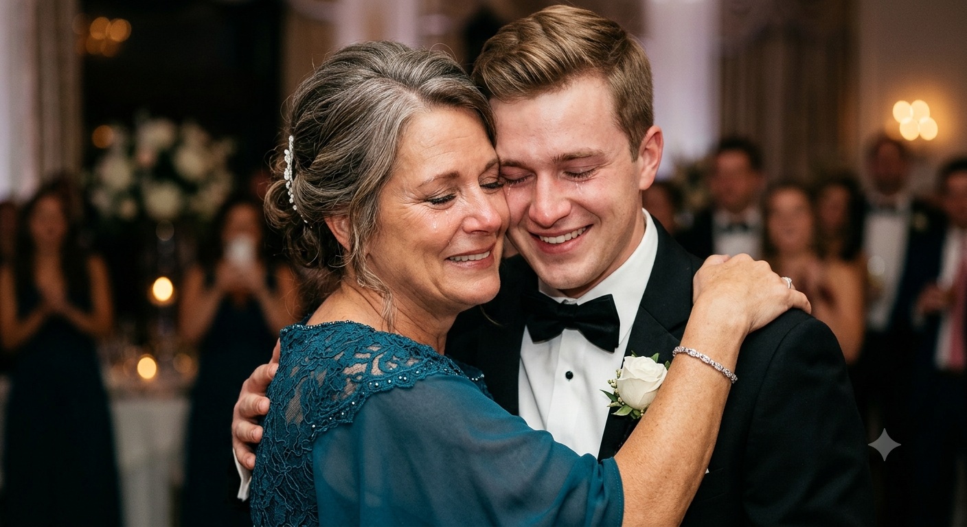 A mother and her son embracing during their dance at the reception