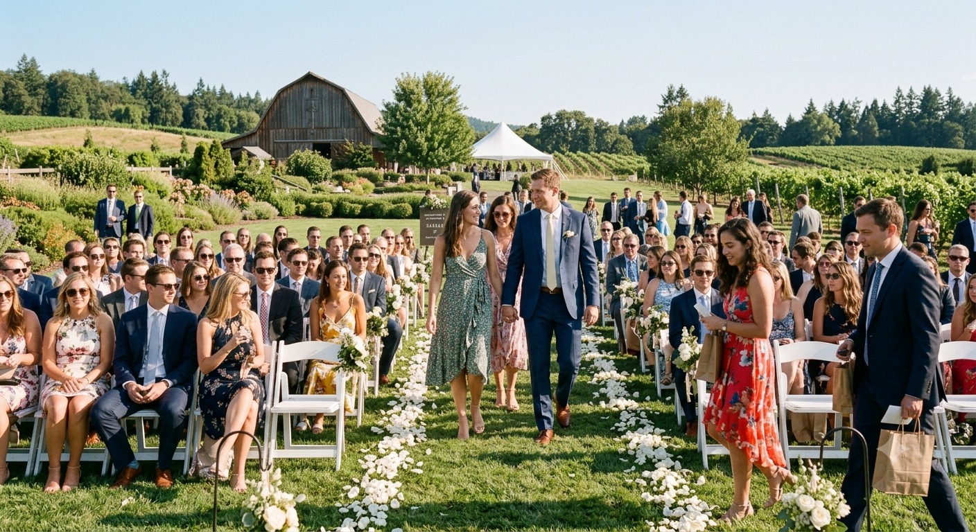 Guests seated on a lawn at an outdoor wedding ceremony