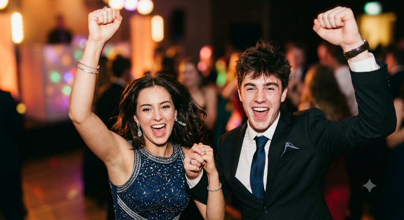 Prom couple in formal wear dancing together at a school dance
