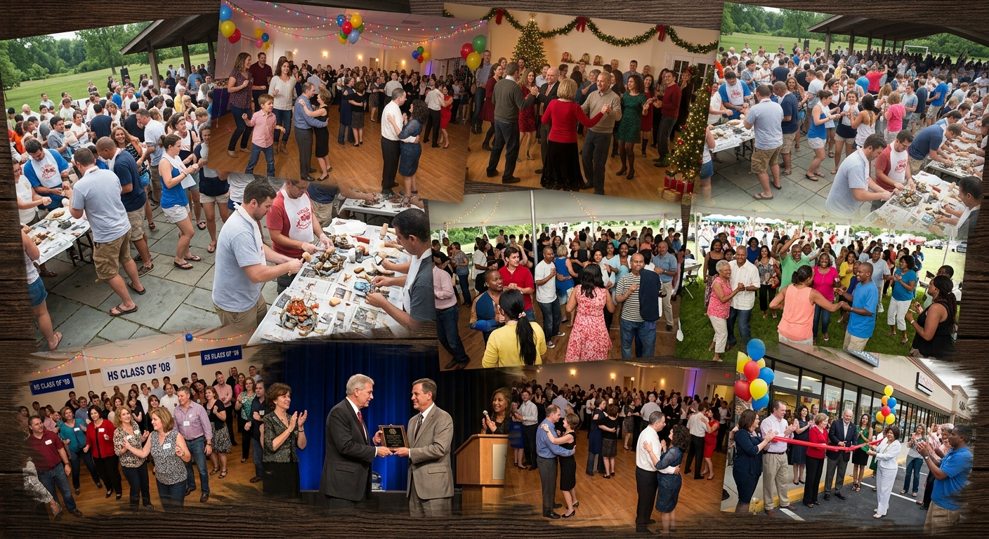 Montage of MusicMasters social events: an outdoor tent party, a buffet line, a crowded reception and guests dancing