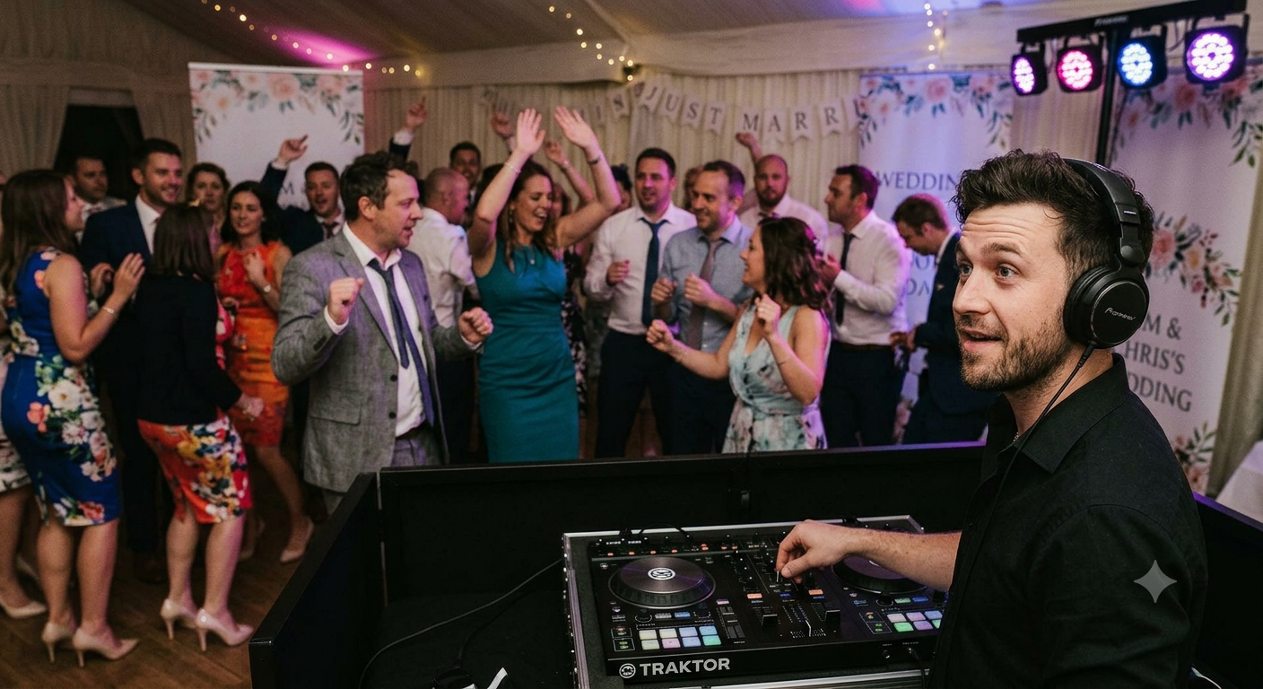 A DJ reading the crowd from the booth at a packed dance floor