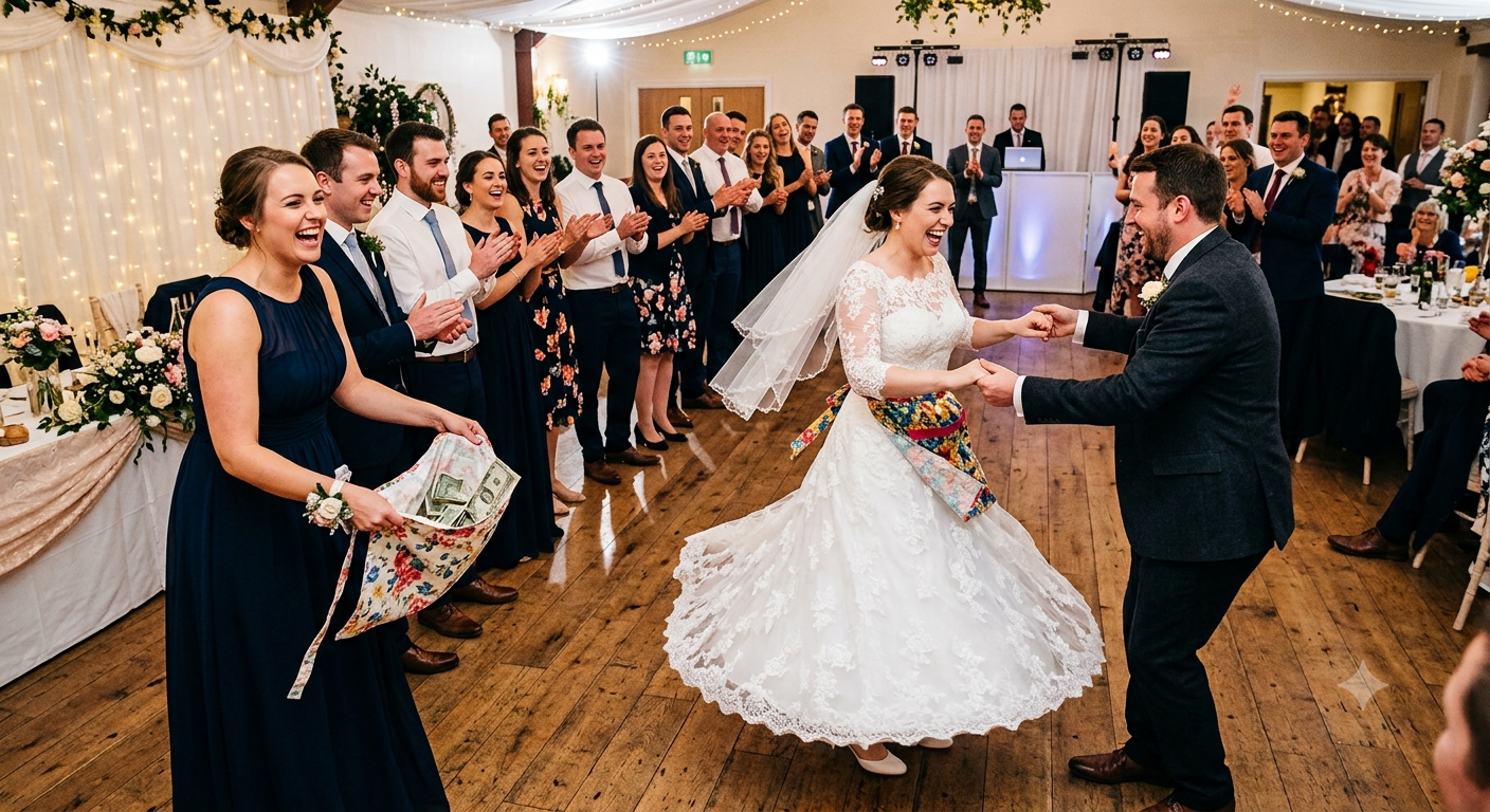 A bride twirls with a guest during the apron dance while a bridesmaid holds a floral apron full of dollar bills