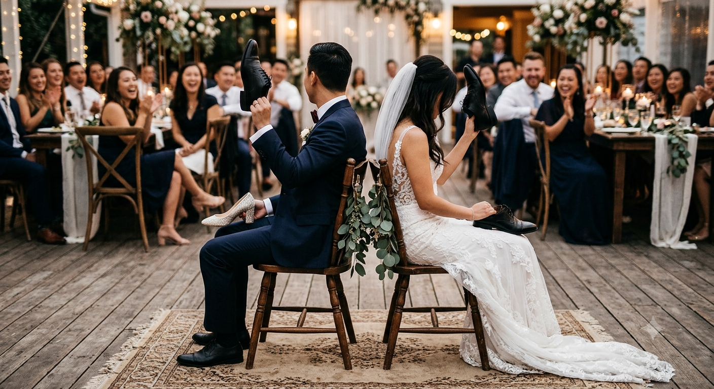 Wedding guests laughing during an interactive shoe game at a reception