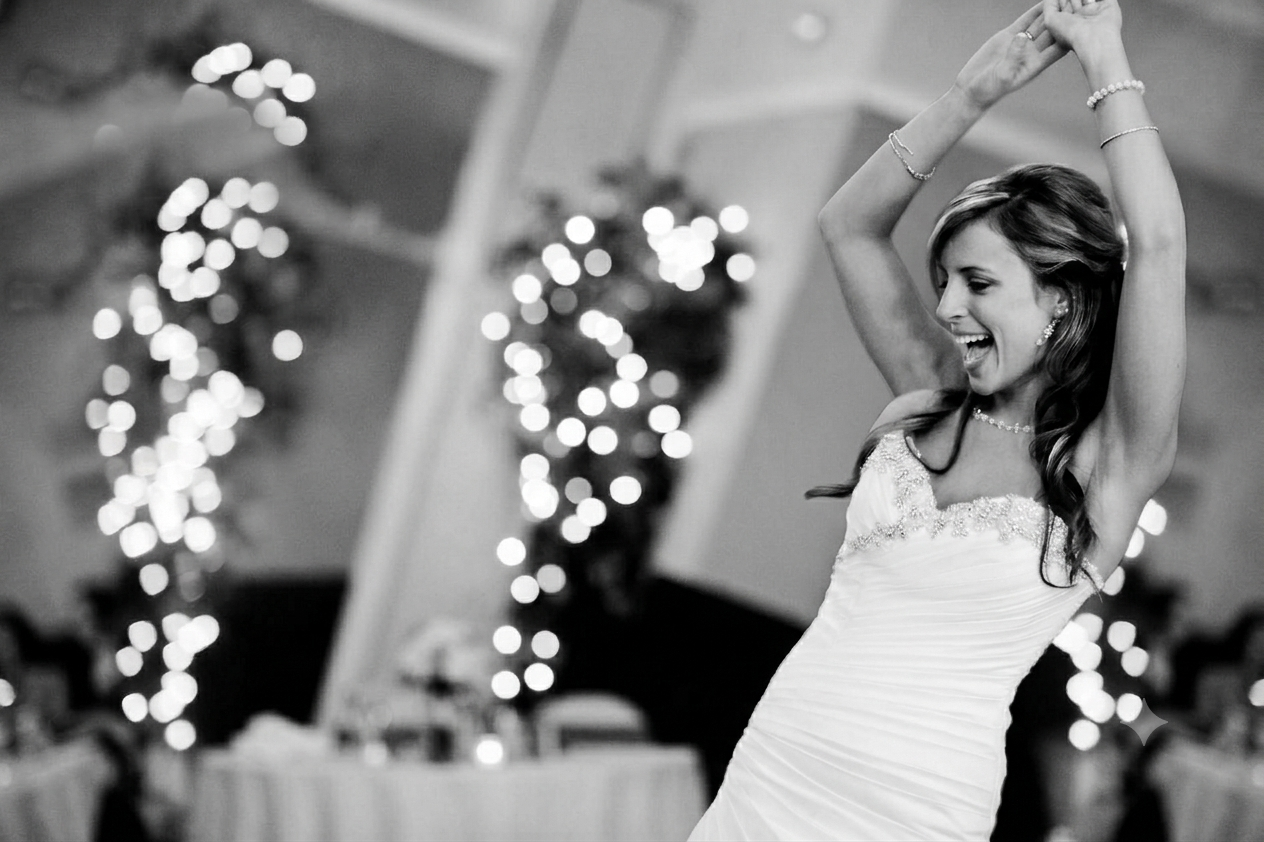 Black and white photo of a bride laughing with her arms raised on the dance floor under twinkling lights