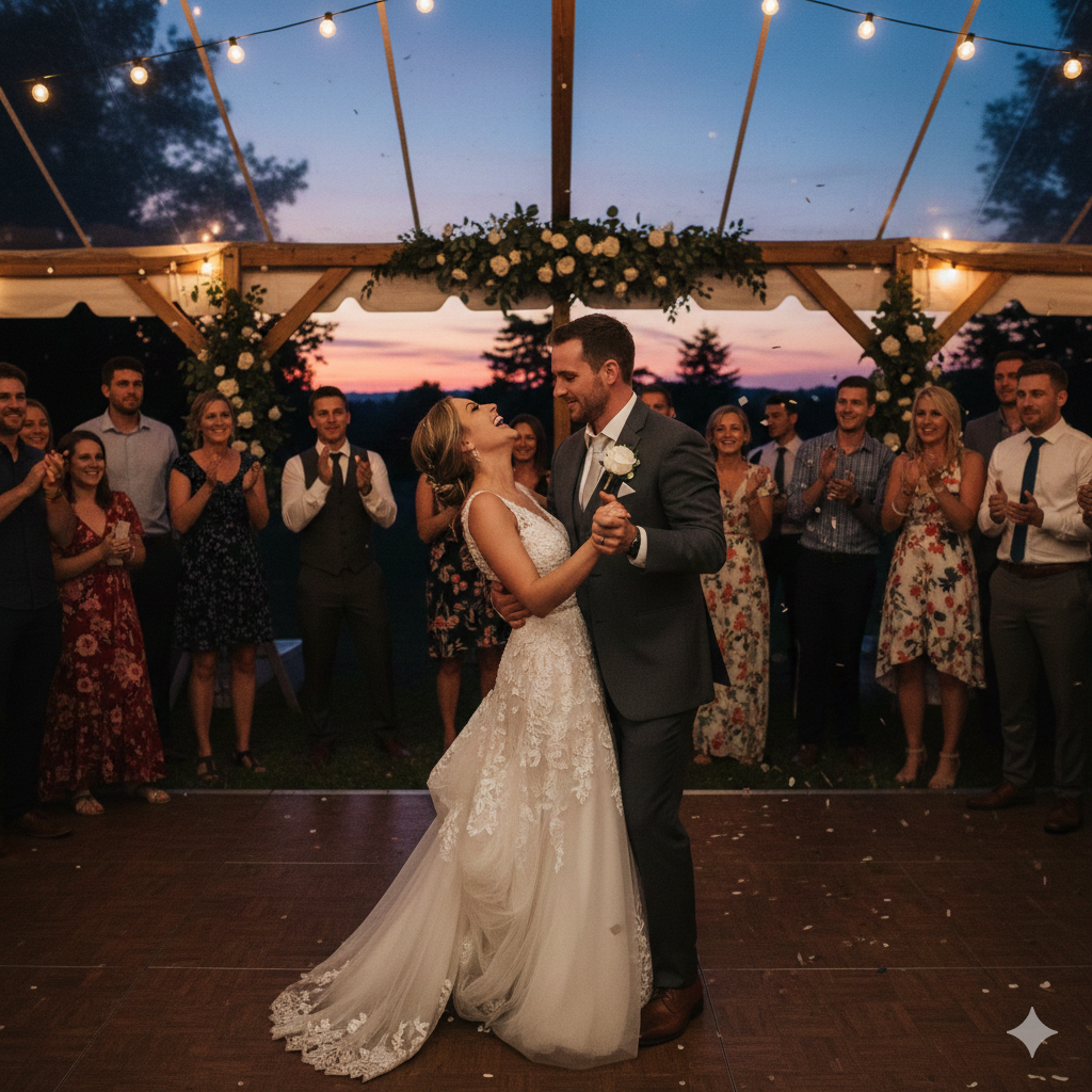 Bride and groom sharing a first dance inside a tent at sunset as guests clap around them