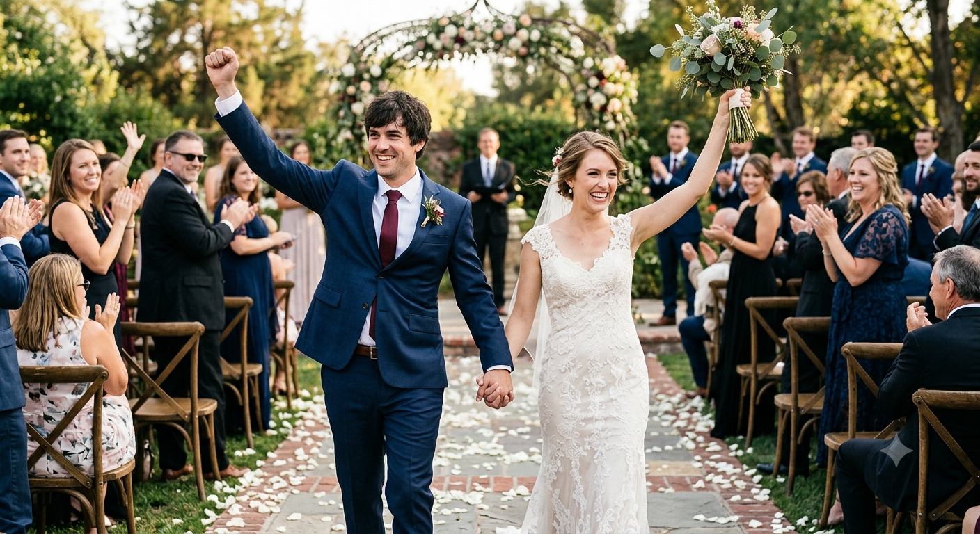 Newlyweds cheering with raised arms as they walk back up a petal-lined garden aisle past applauding guests
