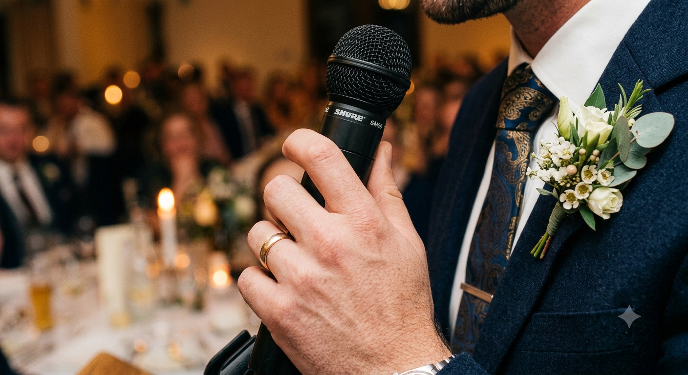 A wedding guest raises a glass while giving a toast at a reception