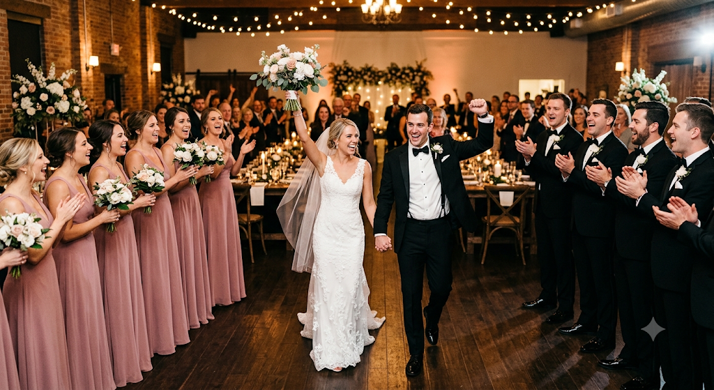 A newly married couple makes their grand entrance into the reception as the wedding party and guests cheer