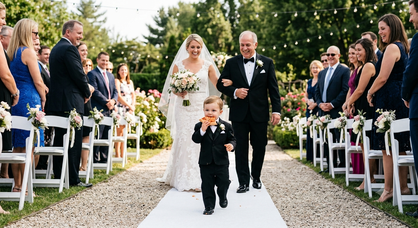 Bride walking down a garden aisle on her father's arm as a ring bearer in a tiny tuxedo leads the way past smiling guests