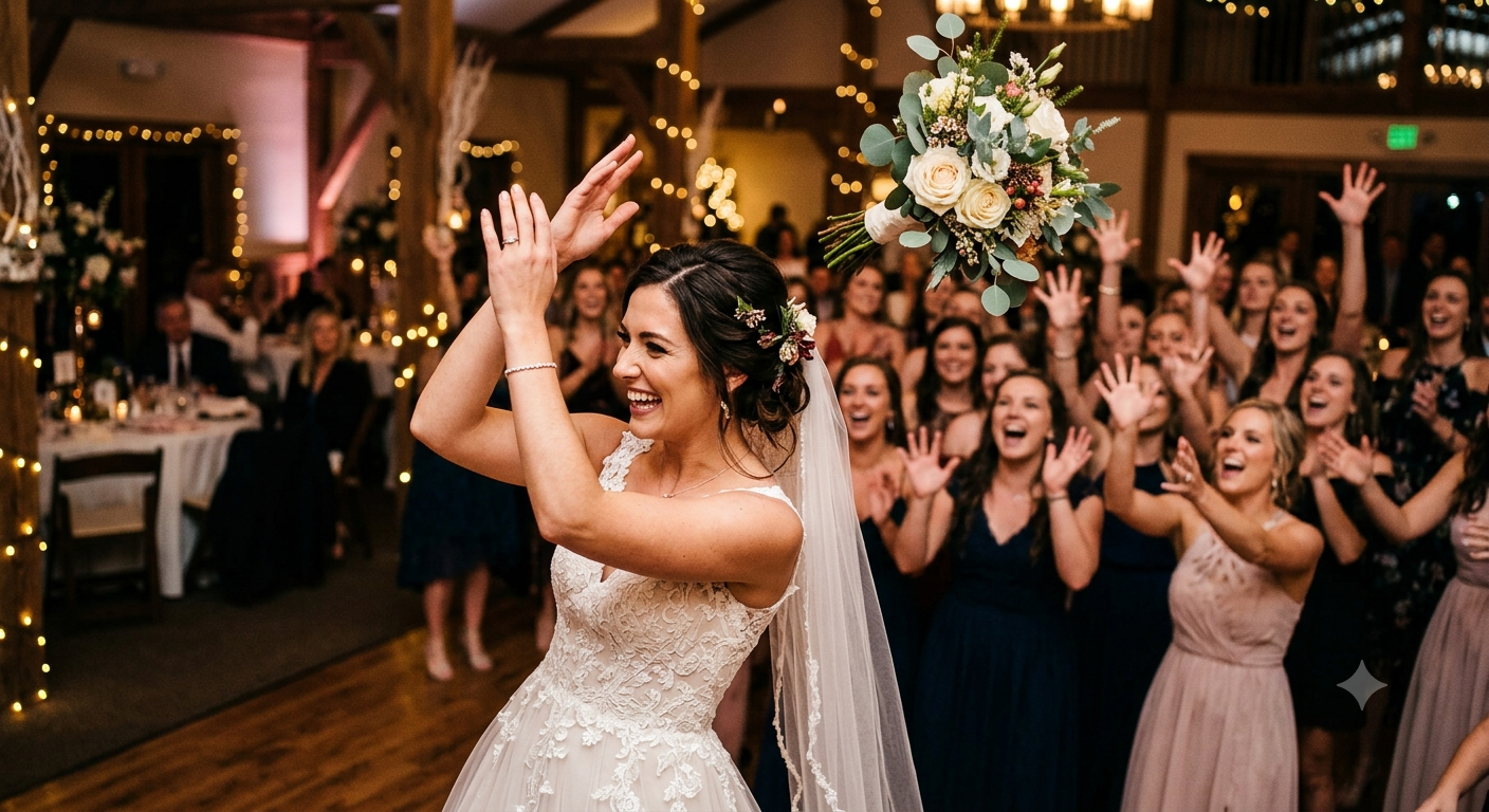 Bride laughing as she tosses her bouquet to a crowd of reaching guests under string lights in a barn reception