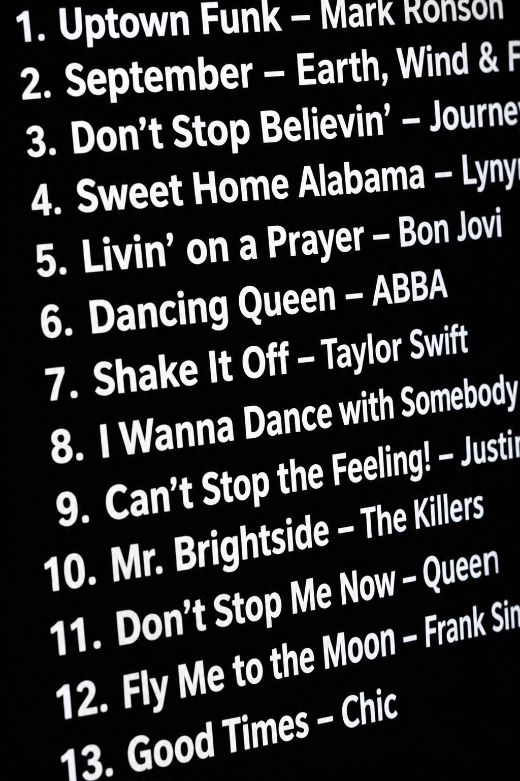 A numbered must-play song list on a black background, from Uptown Funk to Good Times