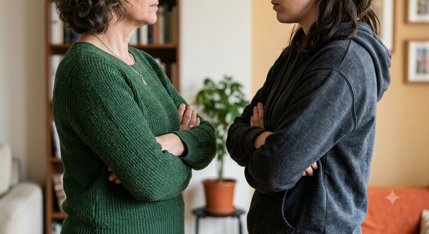A mother in a green sweater and her adult daughter in a gray hoodie stand face to face with their arms crossed