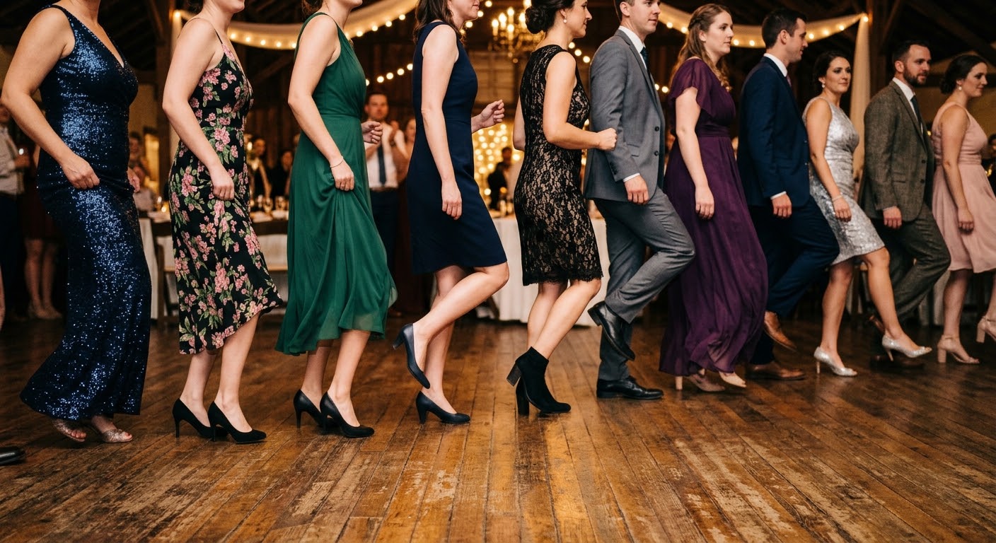 A long row of wedding guests in dresses and suits line dance in step across a wooden dance floor under string lights