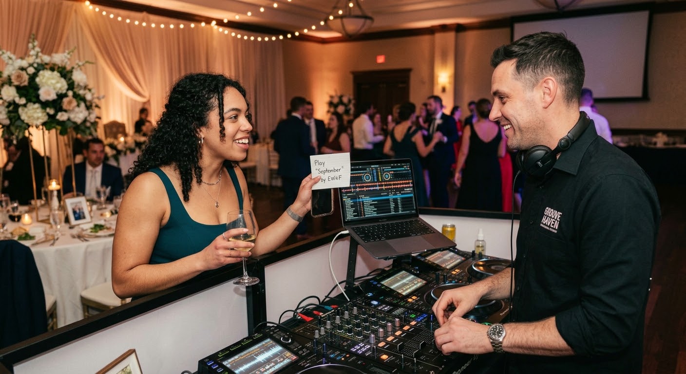 A smiling wedding guest holds up a handwritten song request card to a grinning DJ at his booth while other guests dance behind them