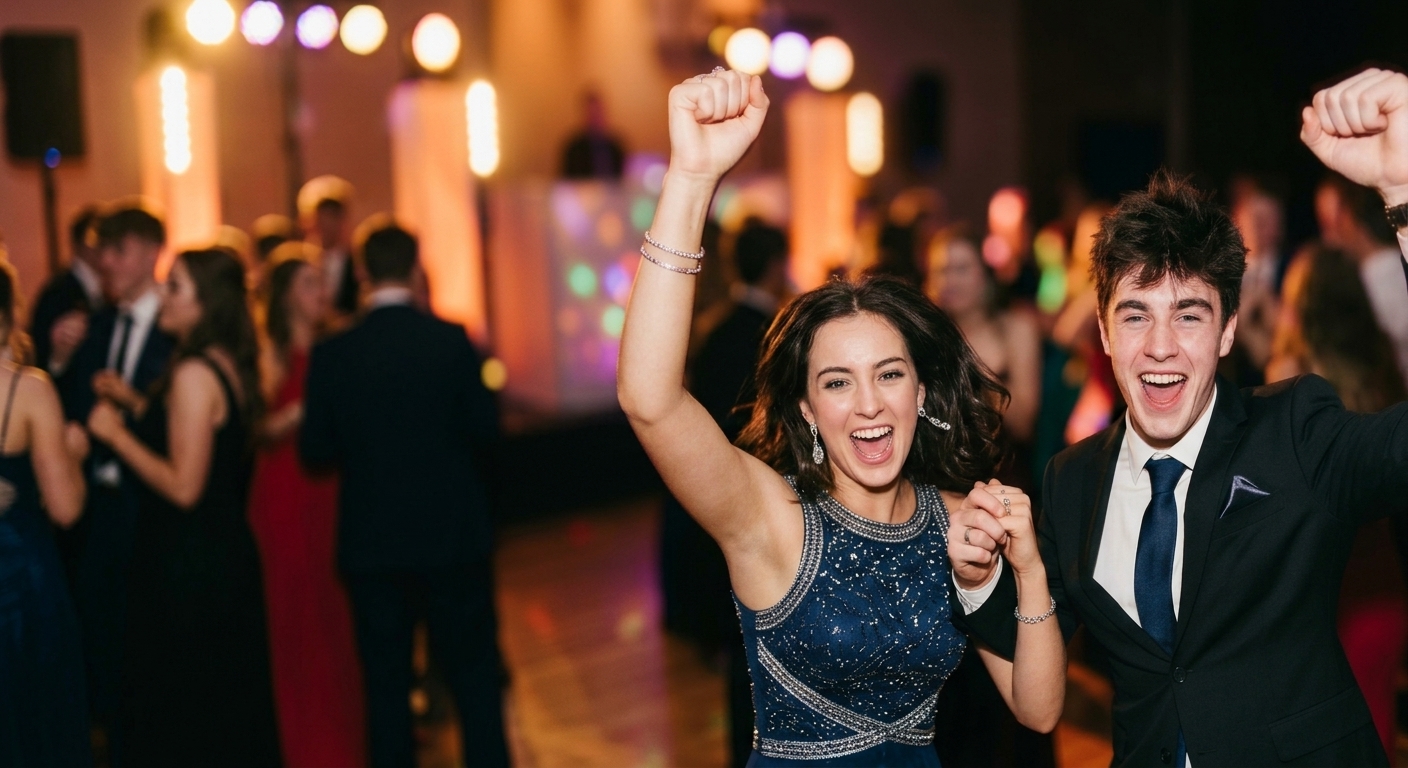 Prom couple in a sparkling navy gown and dark suit cheering with fists raised on a dance floor lit with colorful lights
