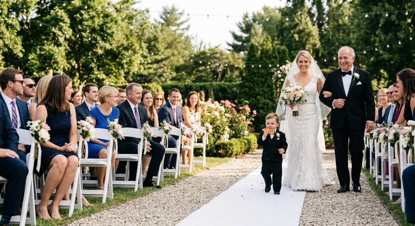 Bride walking down a garden aisle on her father's arm as a ring bearer in a tiny tuxedo leads the way past smiling guests