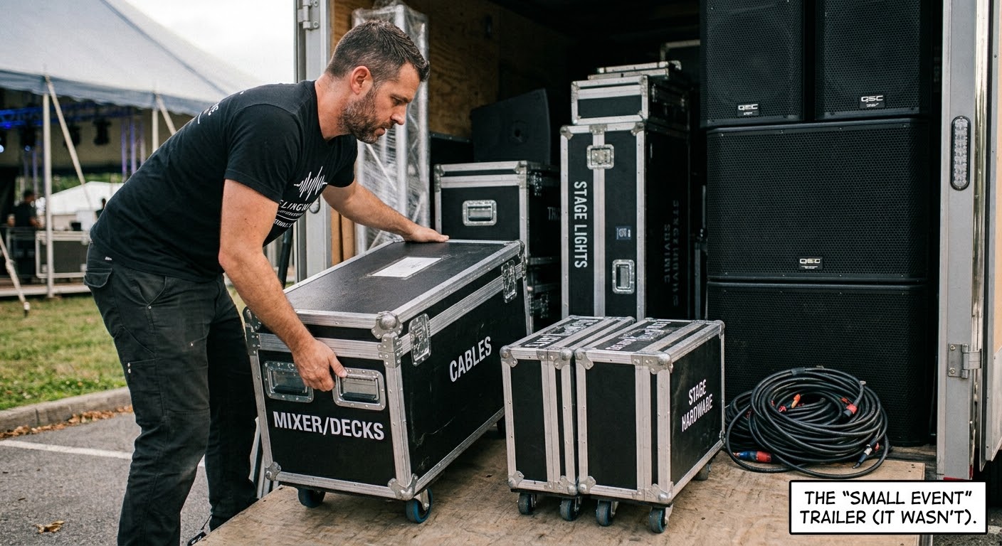 A DJ in a black T-shirt lifts a road case labeled Mixer/Decks out of an equipment trailer packed with speakers, stage lights, and cable cases, with an event tent behind him