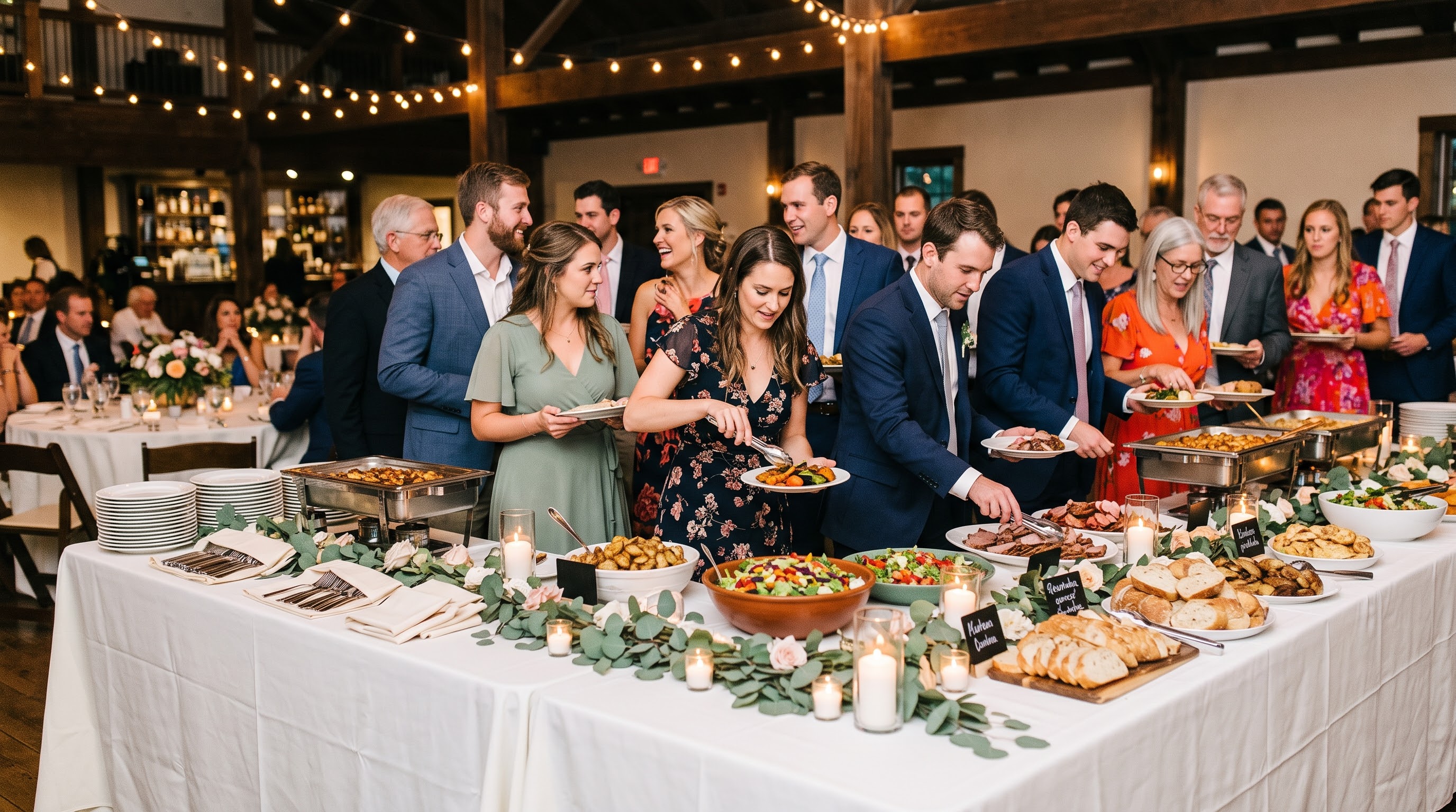 Wedding guests in suits and dresses filling their plates along a candlelit buffet table under string lights in a rustic reception hall