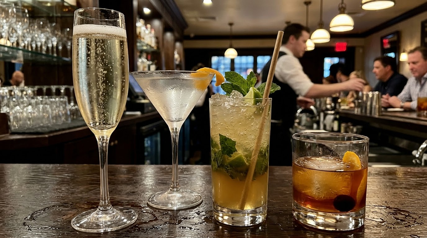 A champagne flute, a martini with an orange twist, a mojito with fresh mint, and an old fashioned lined up on a wooden bar while a bartender works in the background