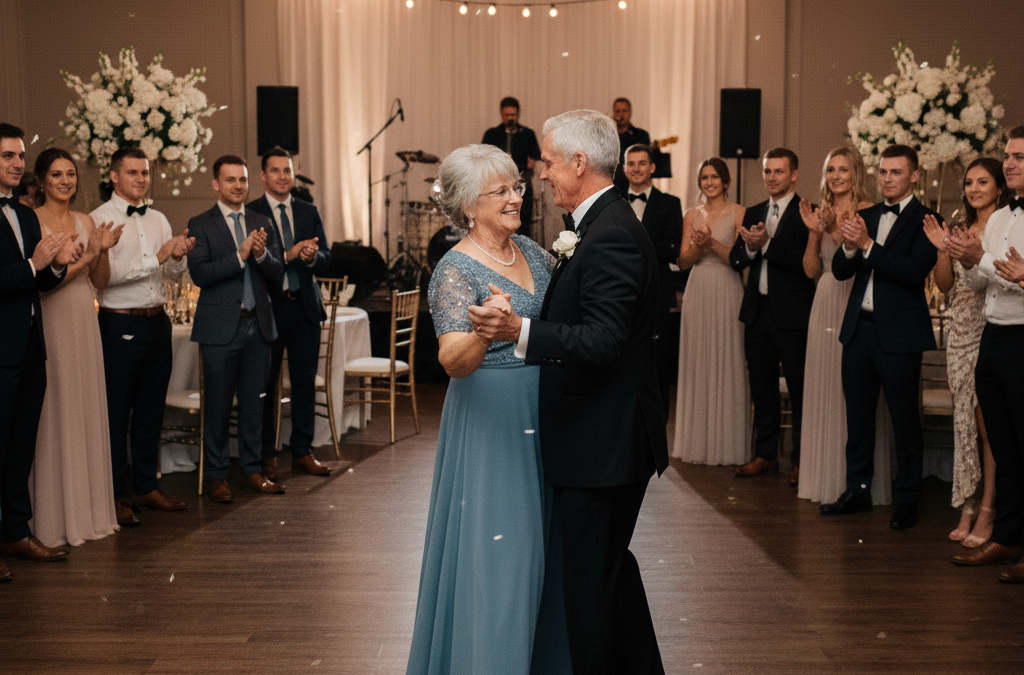 An older couple sharing the anniversary dance while guests look on