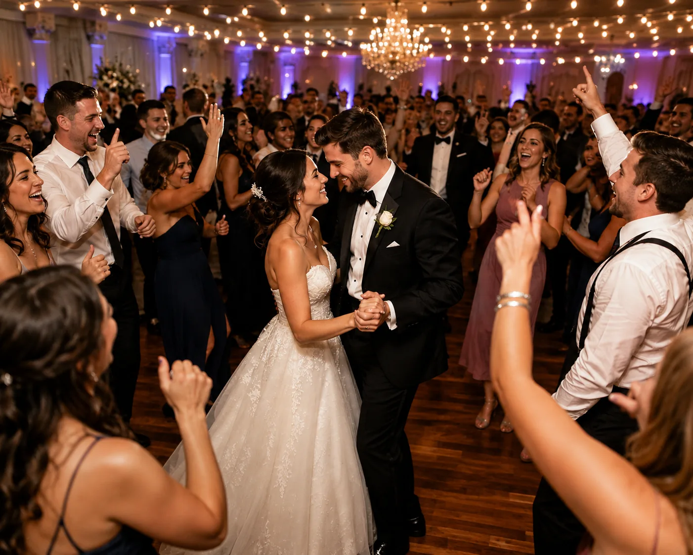 A bride and groom dancing while wedding guests circle the dance floor