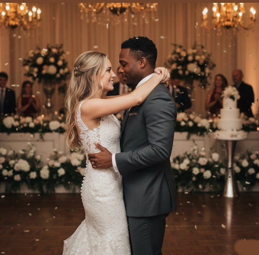 Newlyweds celebrating together at their reception