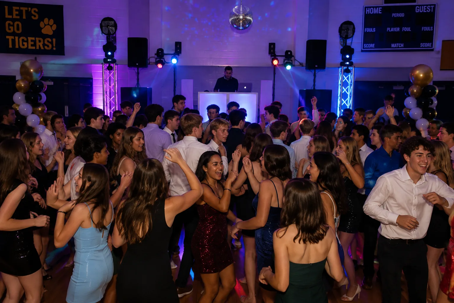Students in formal wear filling a school gym dance floor under stage lighting and a mirror ball while a MusicMasters DJ plays from the booth