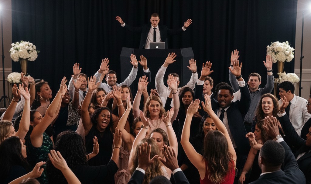 Wedding guests with their hands in the air in front of the DJ